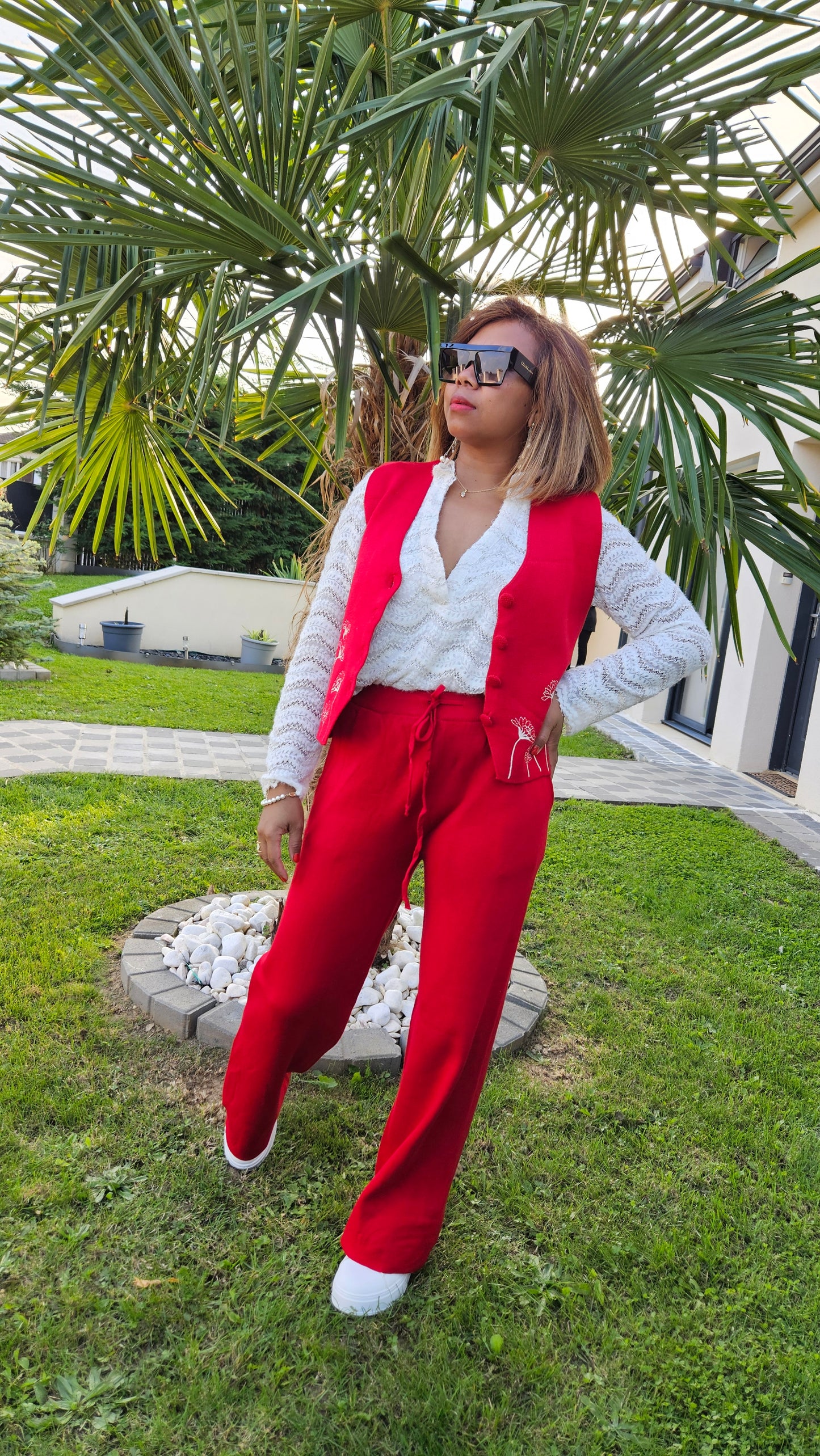 Pantalon en maille rouge ou crème Cléa